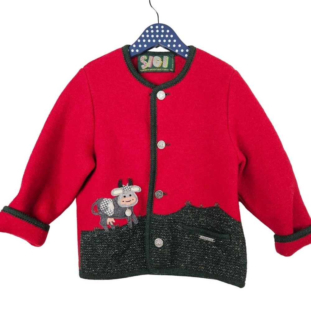 SIGI Scheiber Boiled Wool Cow Motif Sweater Cardigan Kids 116 6‎ 7 Red